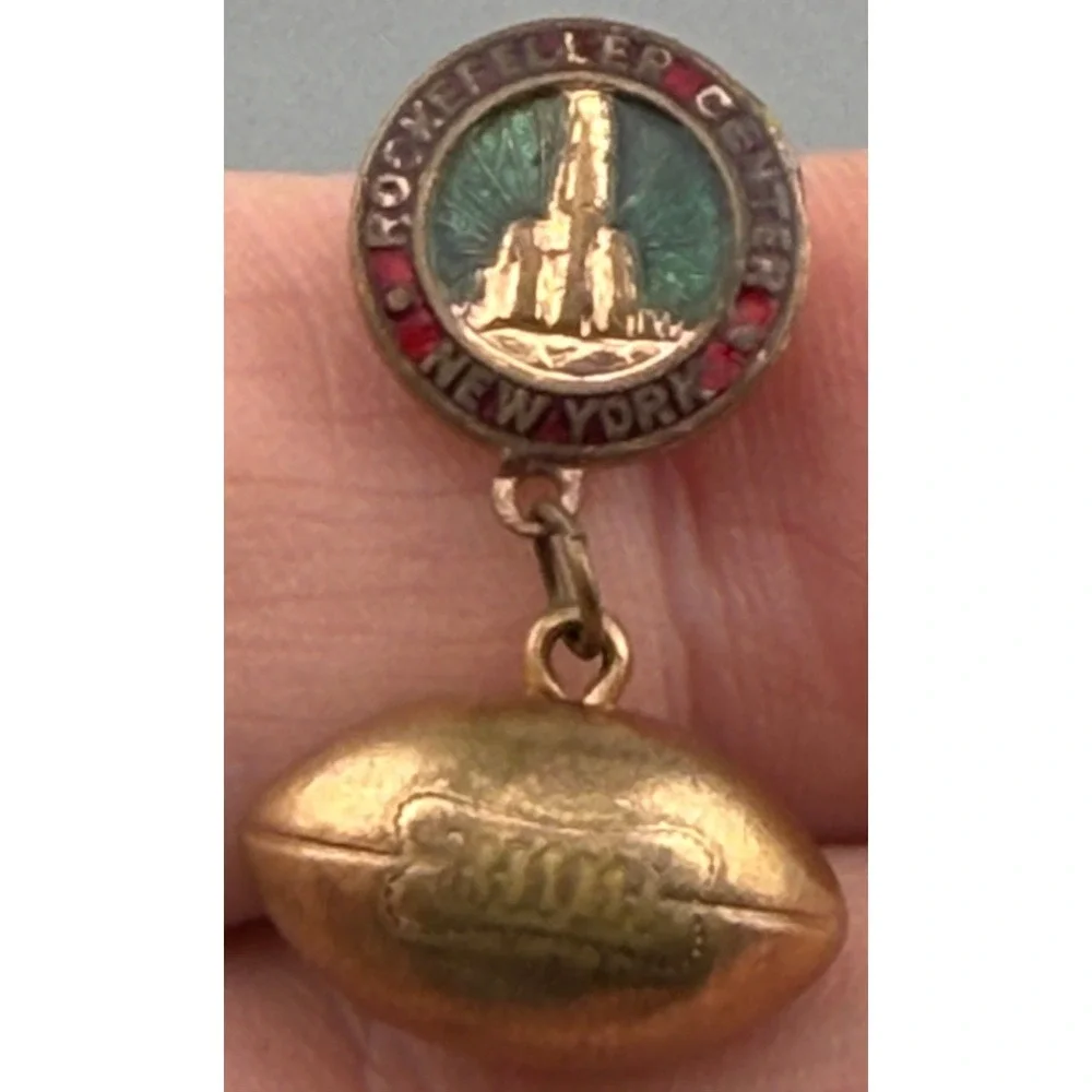 Vintage New York World's Fair Rockefeller Center Enamel Pin Football Dangle 1939